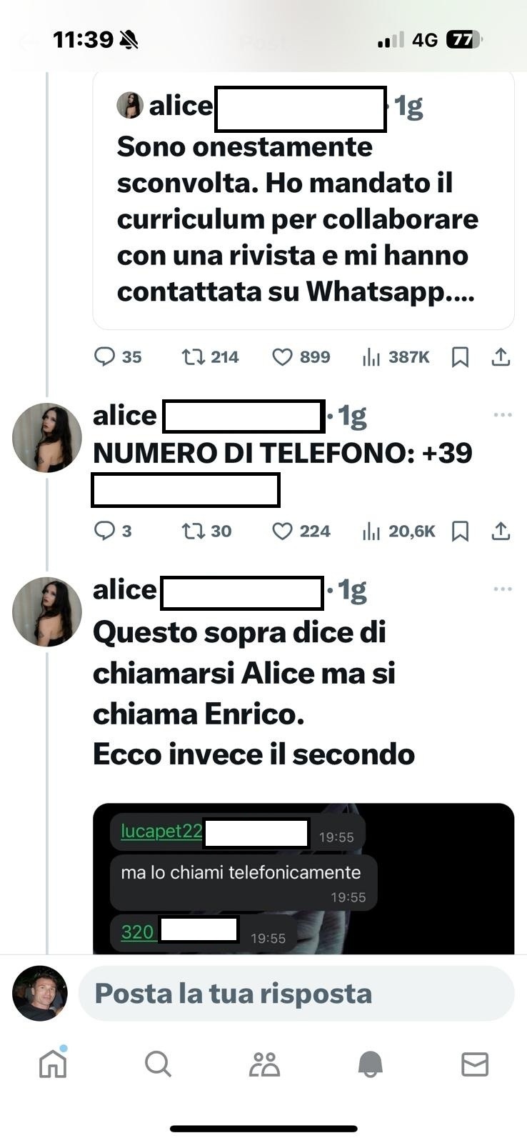 Conversazione whtasapp Angela. Alice Russo caporedattore Luca Petrone - Life&People Magazine