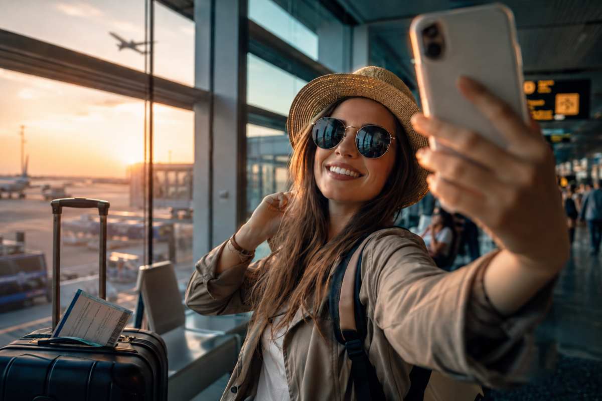 Ragazza in aeroporto mentre si fa un selfie con sfondo panoramico - Life&People Magazine